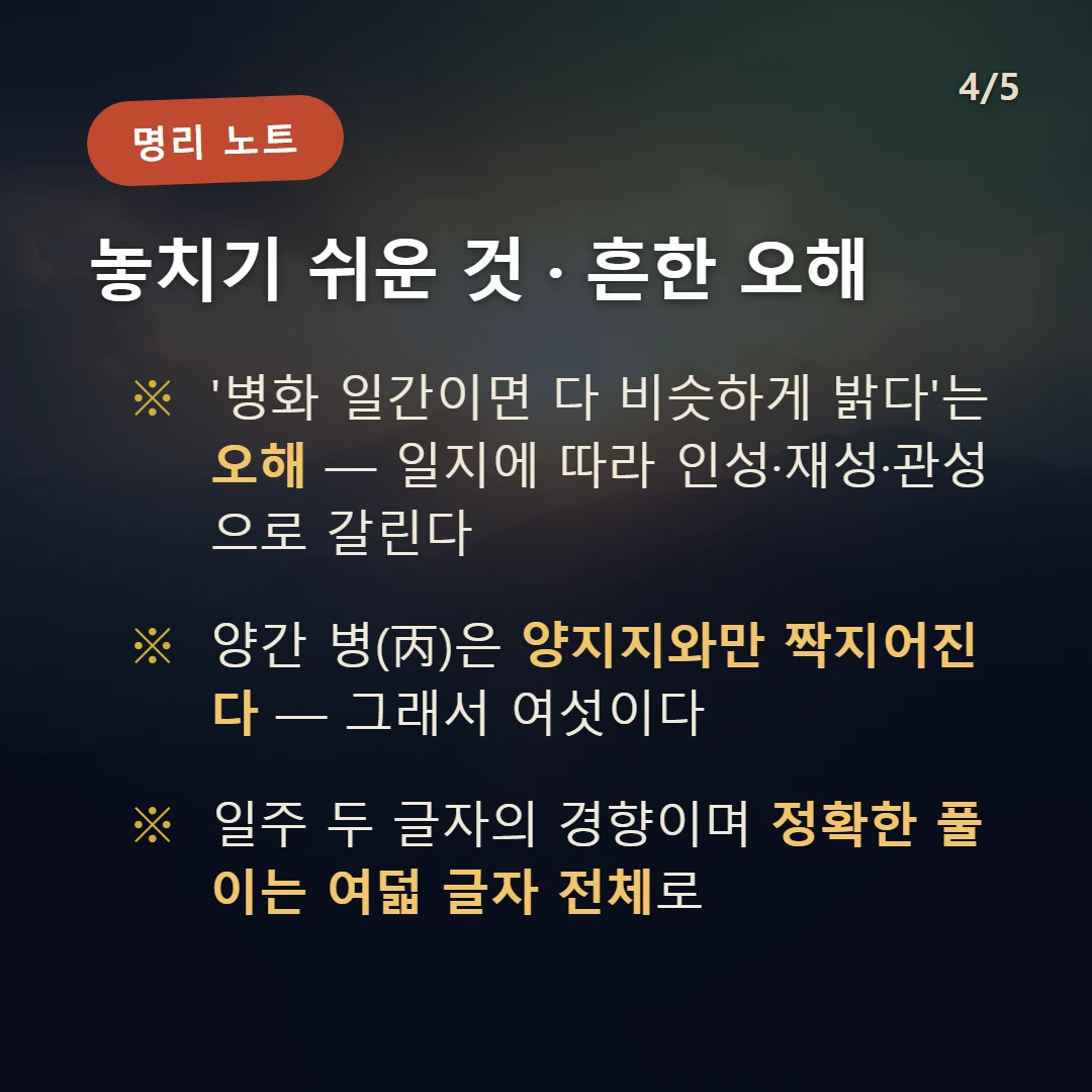 병 일간 일주 주의·오해 — '병화 일간이면 다 비슷하게 밝다'는 오해 — 일지에 따라 인성·재성·관성으로 갈린다 / 양간 병(丙)은 양지지와만 짝지어진다 — 그래서 여섯이다 / 일주 두 글자의 경향이며 정확한 풀이는 여덟 글자 전체로
