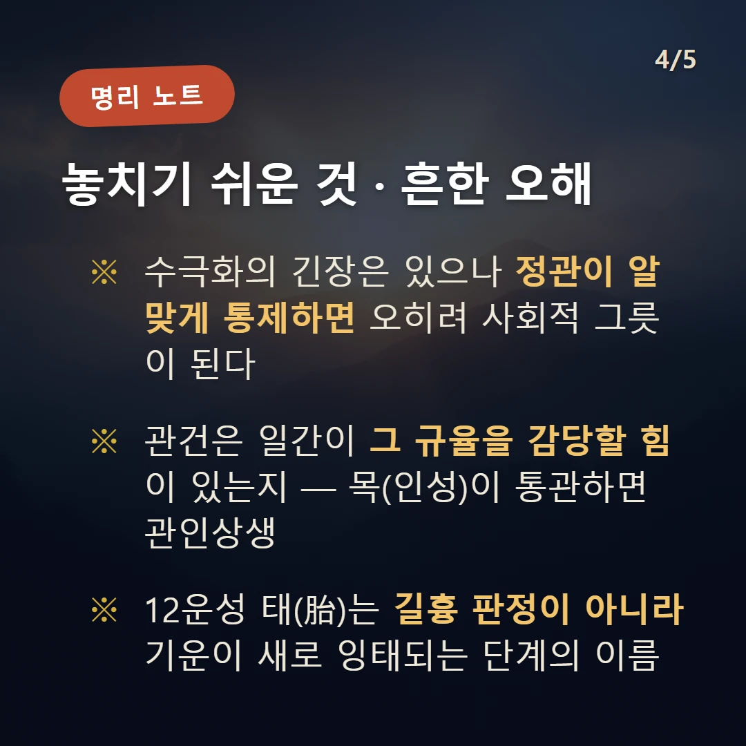 병자일주 주의·오해 — 수극화의 긴장은 있으나 정관이 알맞게 통제하면 오히려 사회적 그릇이 된다 / 관건은 일간이 그 규율을 감당할 힘이 있는지 — 목(인성)이 통관하면 관인상생 / 12운성 태(胎)는 길흉 판정이 아니라 기운이 새로 잉태되는 단계의 이름