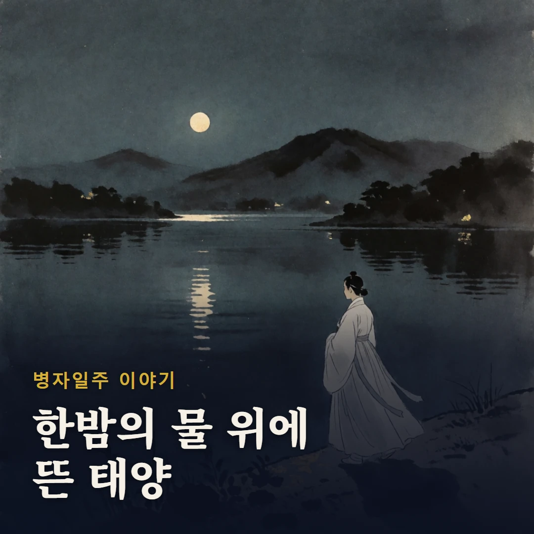 병자일주 이야기 표지 — 한밤의 물 위에 뜬 태양
