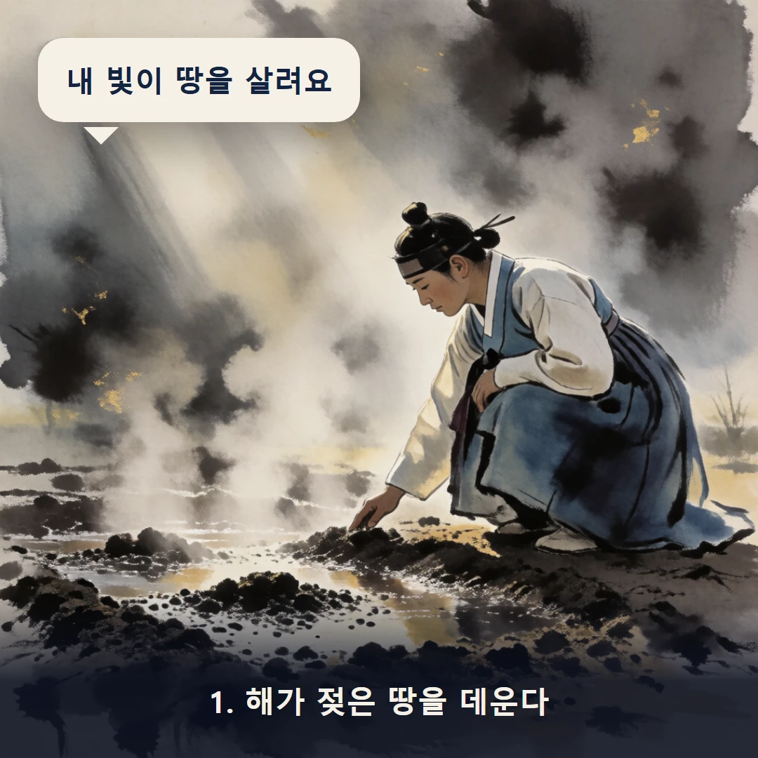 웹툰 1컷 — 1. 해가 젖은 땅을 데운다 (내 빛이 땅을 살려요)