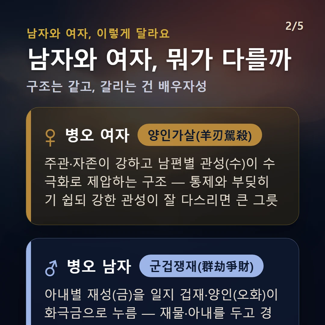 병오일주 남녀 차이 — 여자 양인가살(羊刃駕殺): 주관·자존이 강하고 남편별 관성(수)이 수극화로 제압하는 구조 — 통제와 부딪히기 쉽되 강한 관성이 잘 다스리면 큰 그릇 / 남자 군겁쟁재(群劫爭財): 아내별 재성(금)을 일지 겁재·양인(오화)이 화극금으로 누름 — 재물·아내를 두고 경쟁·소모가 끼어들기 쉬운 결