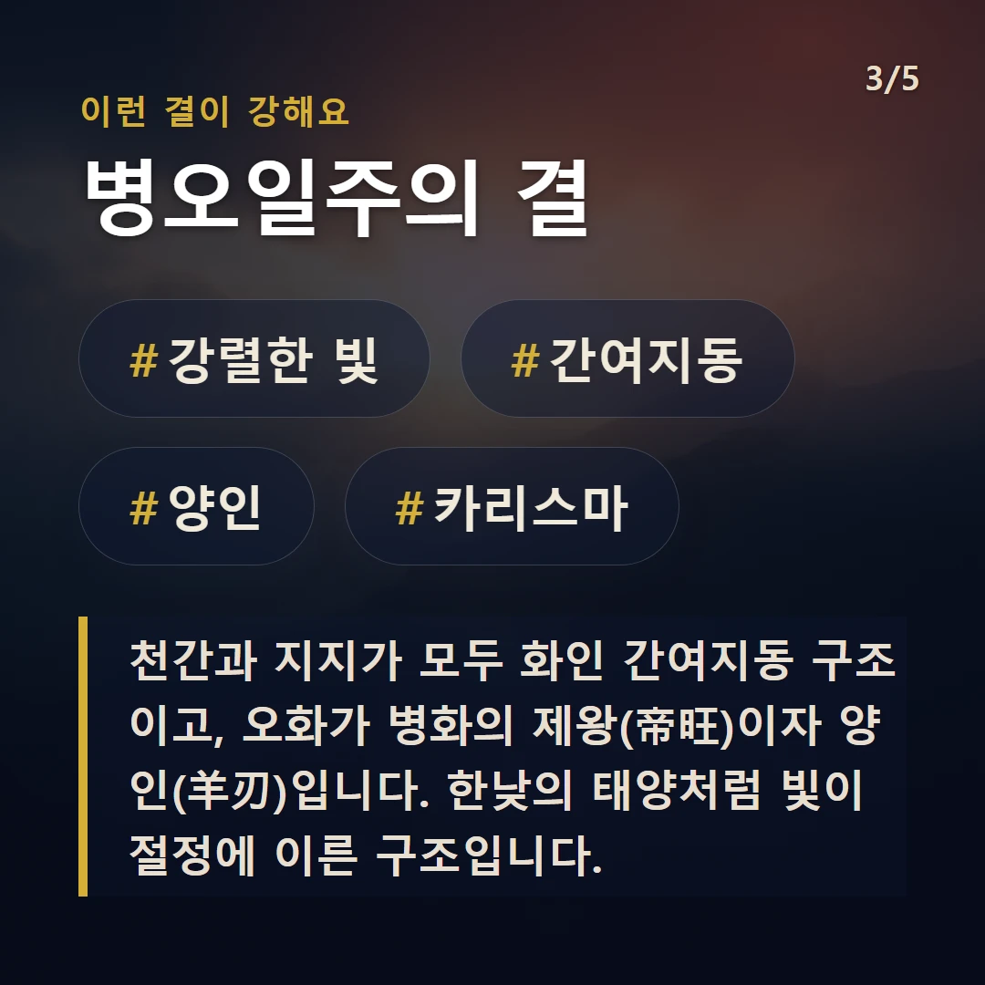 병오일주의 결 — #강렬한 빛 #간여지동 #양인 #카리스마