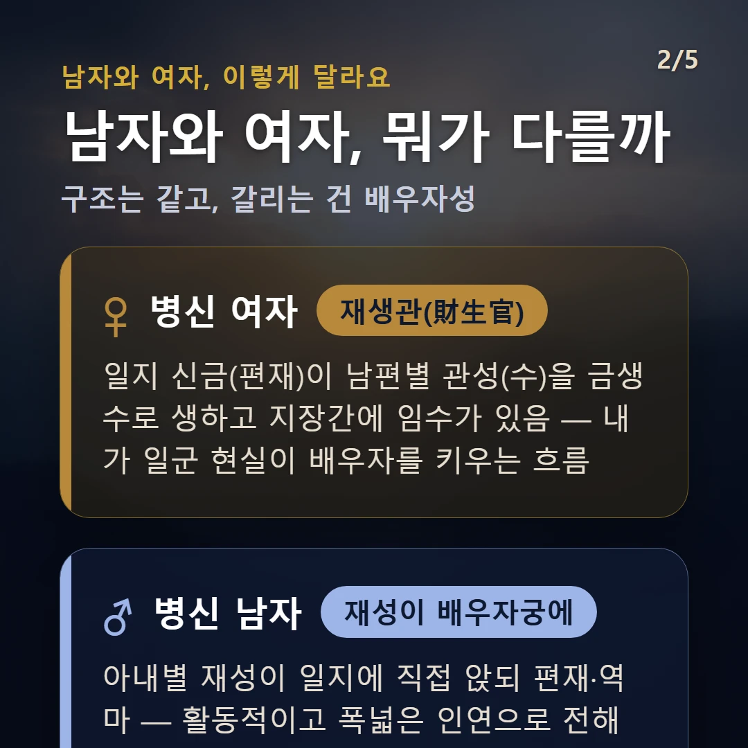 병신일주 남녀 차이 — 여자 재생관(財生官): 일지 신금(편재)이 남편별 관성(수)을 금생수로 생하고 지장간에 임수가 있음 — 내가 일군 현실이 배우자를 키우는 흐름 / 남자 재성이 배우자궁에: 아내별 재성이 일지에 직접 앉되 편재·역마 — 활동적이고 폭넓은 인연으로 전해지며 기회를 잡는 수완이 강점