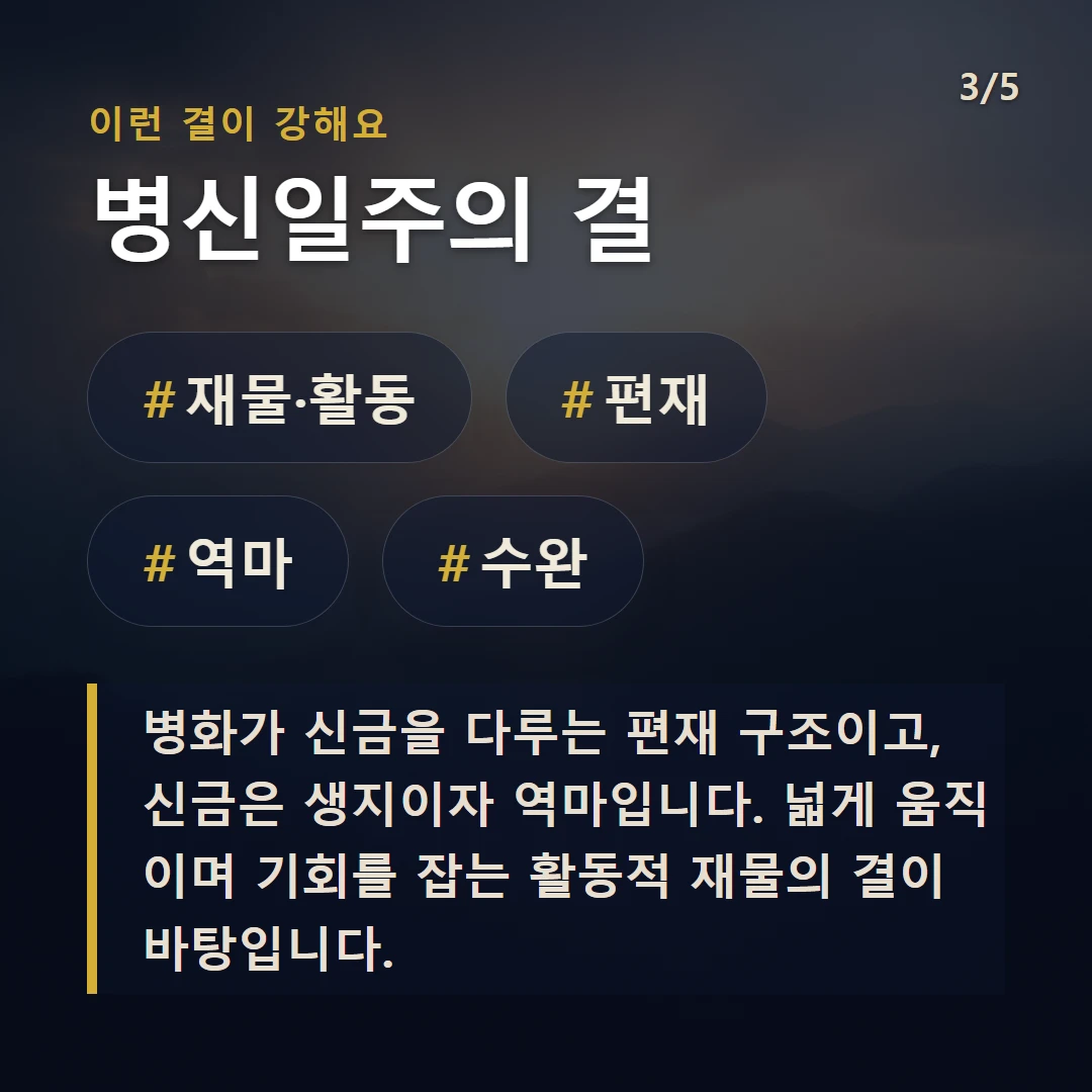 병신일주의 결 — #재물·활동 #편재 #역마 #수완
