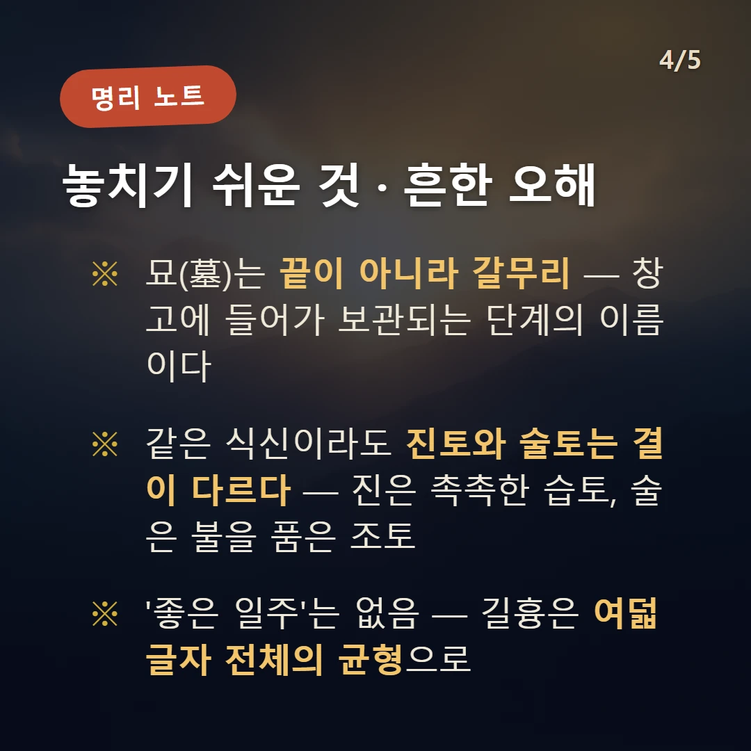 병술일주 주의·오해 — 묘(墓)는 끝이 아니라 갈무리 — 창고에 들어가 보관되는 단계의 이름이다 / 같은 식신이라도 진토와 술토는 결이 다르다 — 진은 촉촉한 습토, 술은 불을 품은 조토 / '좋은 일주'는 없음 — 길흉은 여덟 글자 전체의 균형으로