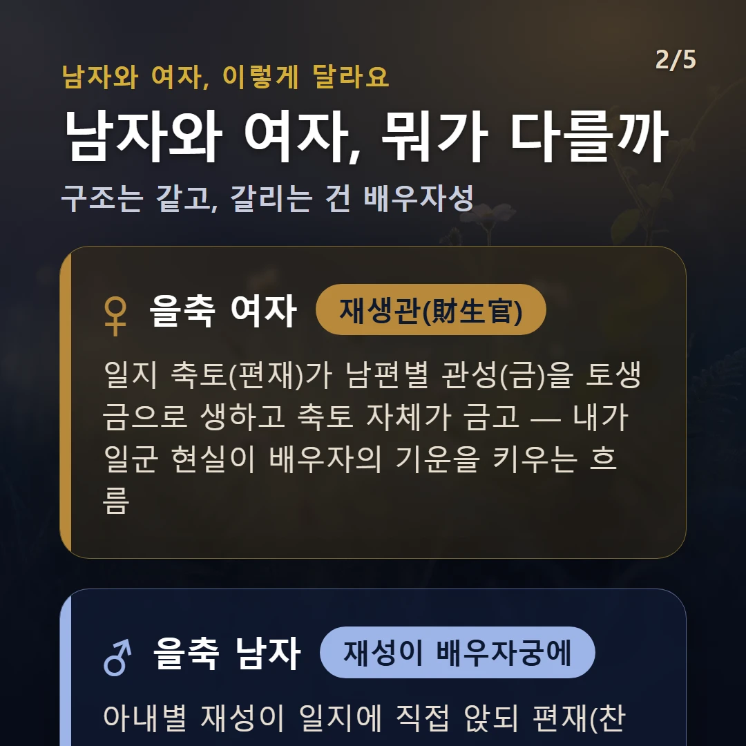 을축일주 남녀 차이 — 여자 재생관(財生官): 일지 축토(편재)가 남편별 관성(금)을 토생금으로 생하고 축토 자체가 금고 — 내가 일군 현실이 배우자의 기운을 키우는 흐름 / 남자 재성이 배우자궁에: 아내별 재성이 일지에 직접 앉되 편재(찬 습토) — 따뜻한 화의 온기가 받쳐 줄 때 안정되는 실속형 인연