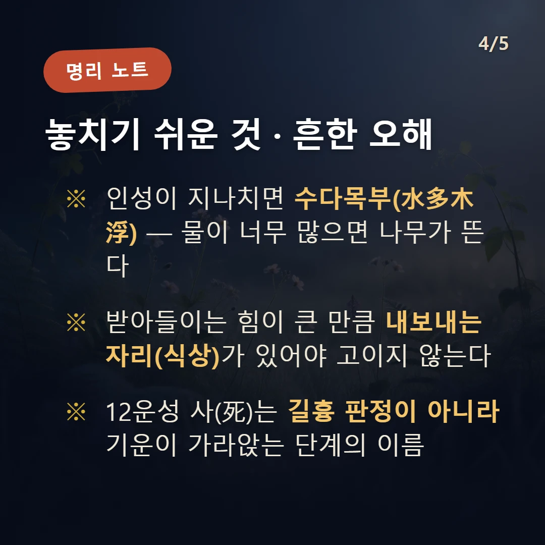 을해일주 주의·오해 — 인성이 지나치면 수다목부(水多木浮) — 물이 너무 많으면 나무가 뜬다 / 받아들이는 힘이 큰 만큼 내보내는 자리(식상)가 있어야 고이지 않는다 / 12운성 사(死)는 길흉 판정이 아니라 기운이 가라앉는 단계의 이름