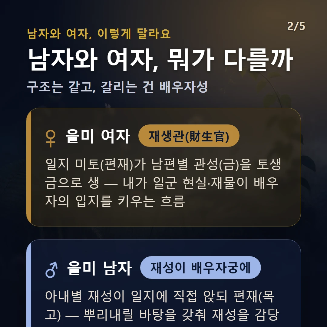 을미일주 남녀 차이 — 여자 재생관(財生官): 일지 미토(편재)가 남편별 관성(금)을 토생금으로 생 — 내가 일군 현실·재물이 배우자의 입지를 키우는 흐름 / 남자 재성이 배우자궁에: 아내별 재성이 일지에 직접 앉되 편재(목고) — 뿌리내릴 바탕을 갖춰 재성을 감당하는 현실형 인연