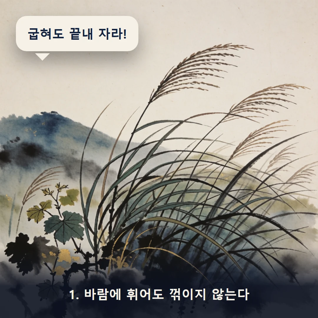 웹툰 1컷 — 1. 바람에 휘어도 꺾이지 않는다 (굽혀도 끝내 자라!)
