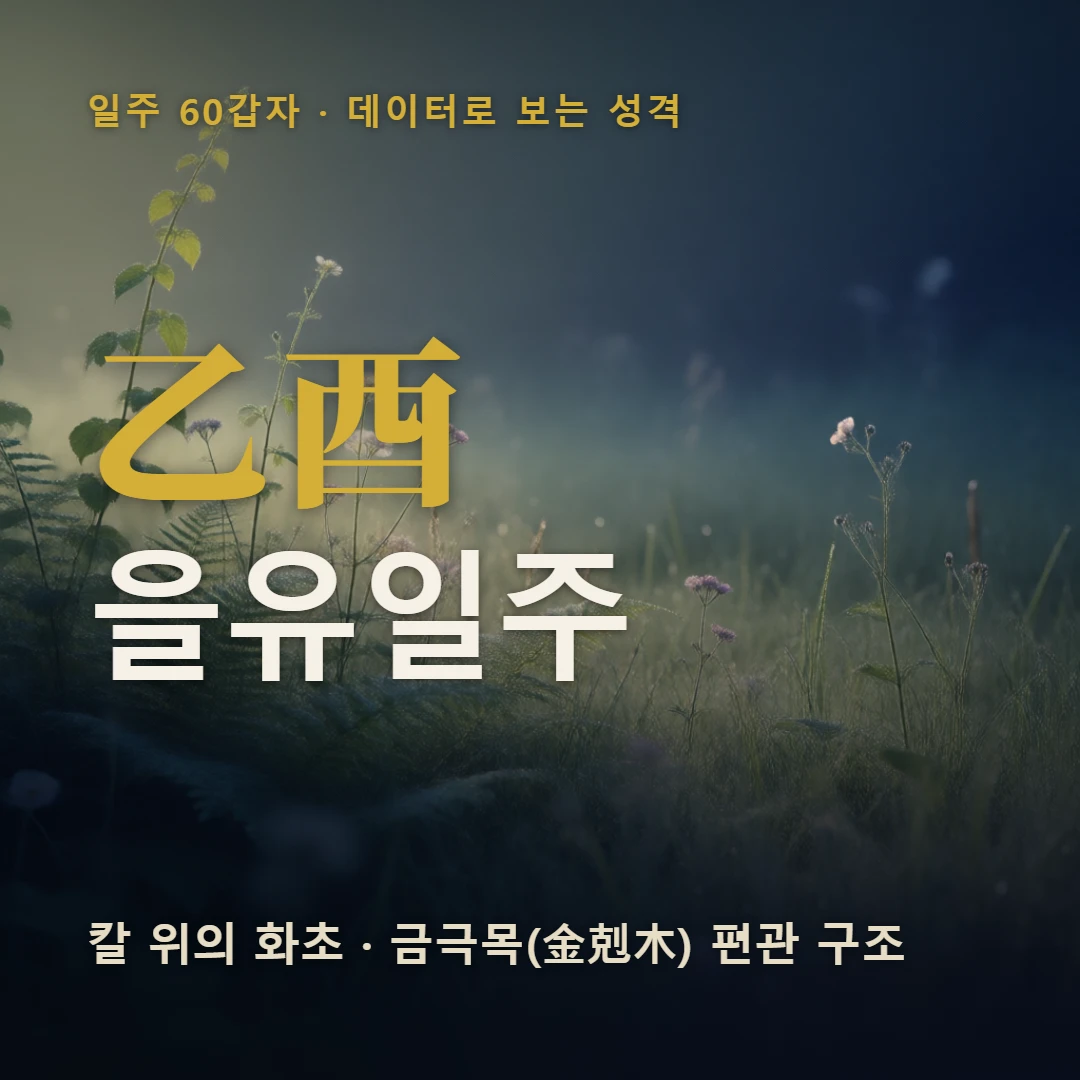 을유일주 표지 — 칼 위의 화초 · 금극목(金剋木) 편관 구조