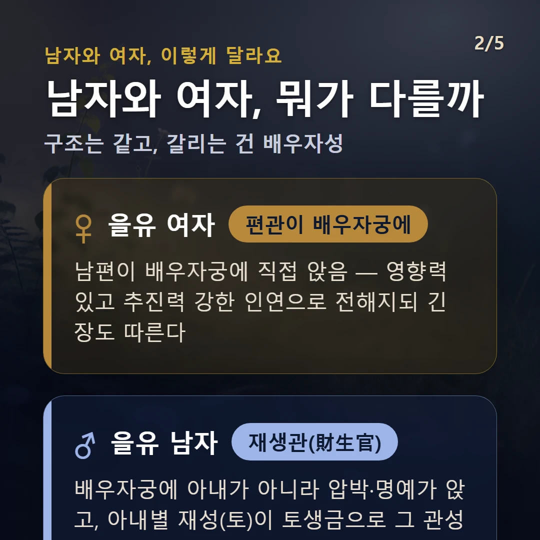 을유일주 남녀 차이 — 여자 편관이 배우자궁에: 남편이 배우자궁에 직접 앉음 — 영향력 있고 추진력 강한 인연으로 전해지되 긴장도 따른다 / 남자 재생관(財生官): 배우자궁에 아내가 아니라 압박·명예가 앉고, 아내별 재성(토)이 토생금으로 그 관성을 생 — 아내가 사회적 그릇을 받치는 자리