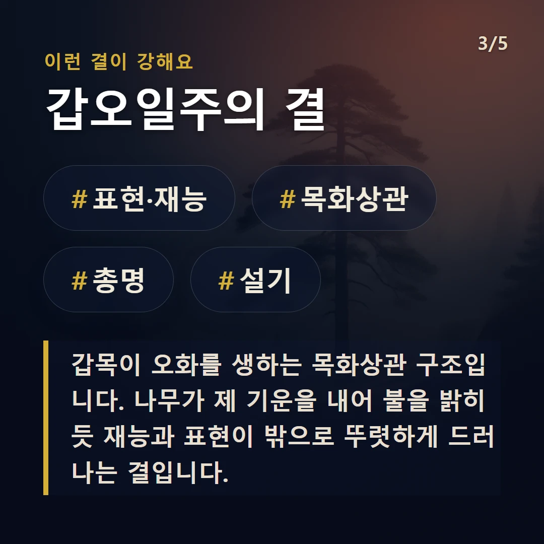 갑오일주의 결 — #표현·재능 #목화상관 #총명 #설기