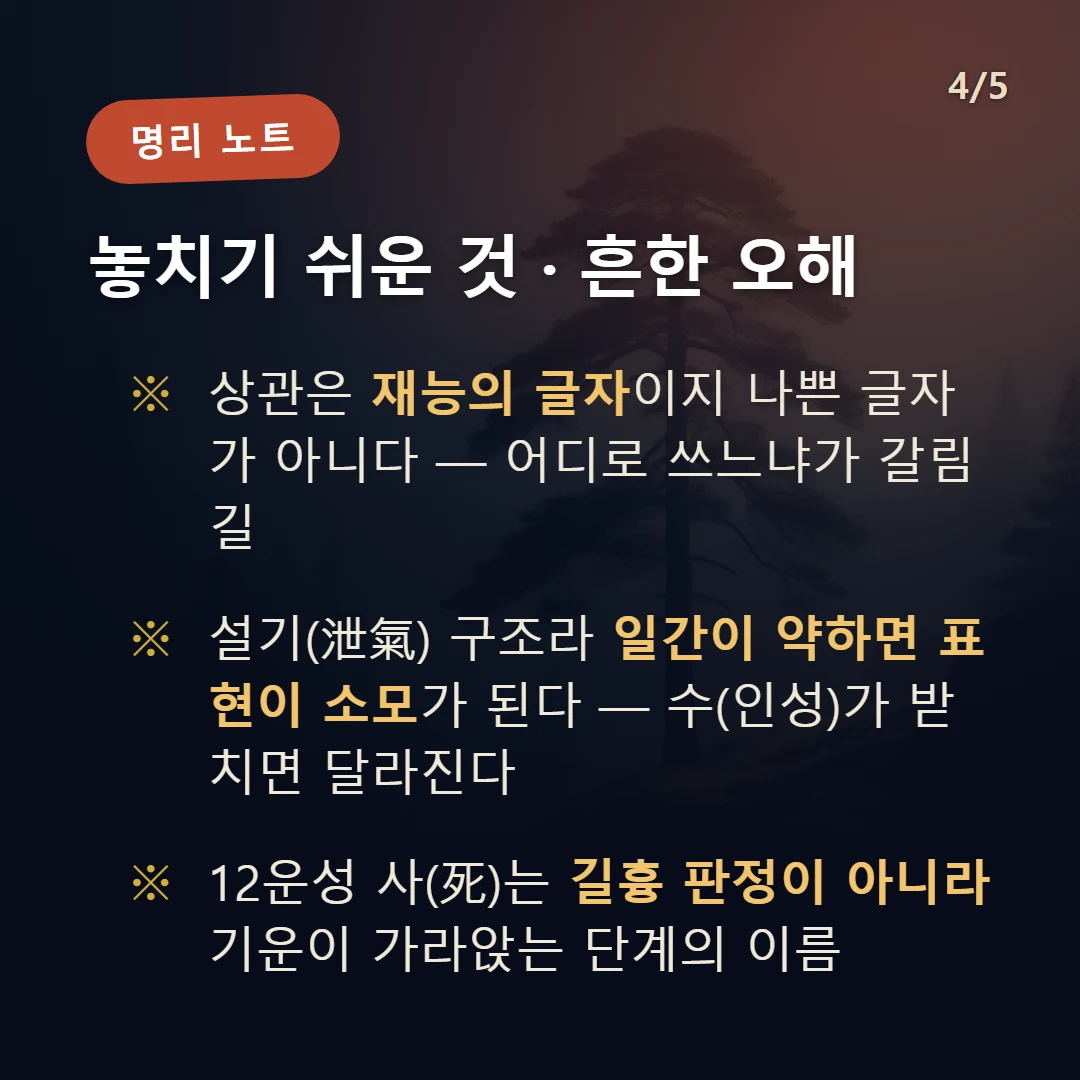 갑오일주 주의·오해 — 상관은 재능의 글자이지 나쁜 글자가 아니다 — 어디로 쓰느냐가 갈림길 / 설기(泄氣) 구조라 일간이 약하면 표현이 소모가 된다 — 수(인성)가 받치면 달라진다 / 12운성 사(死)는 길흉 판정이 아니라 기운이 가라앉는 단계의 이름