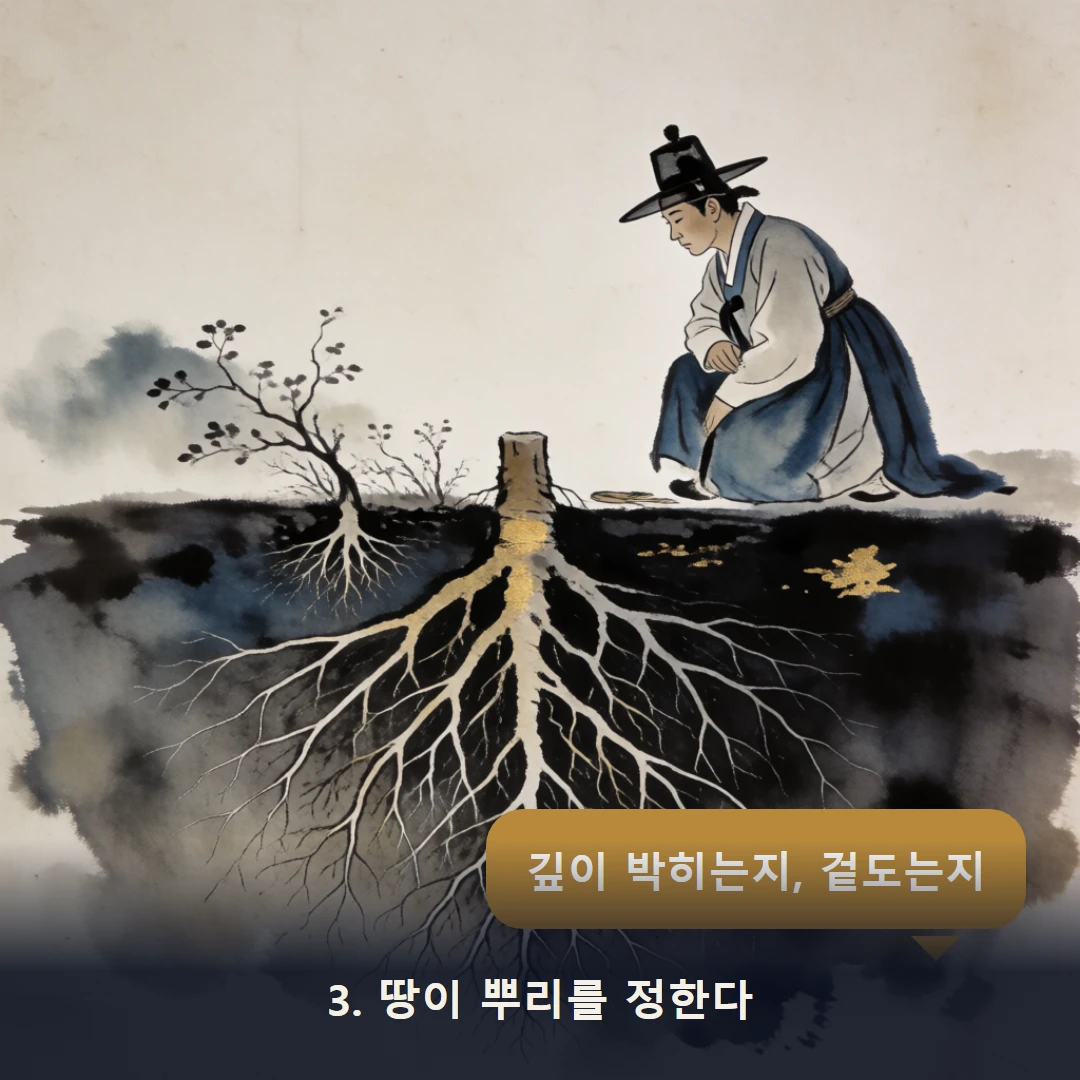 웹툰 3컷 — 3. 땅이 뿌리를 정한다 (깊이 박히는지, 겉도는지)