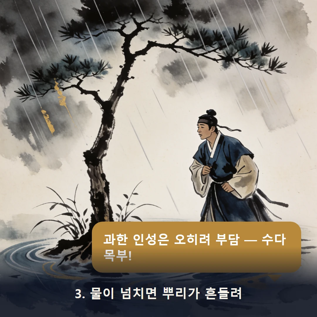 웹툰 3컷 — 3. 물이 넘치면 뿌리가 흔들려 (과한 인성은 오히려 부담 — 수다목부!)