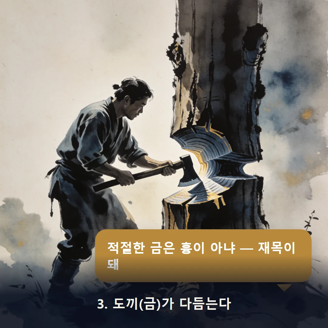 웹툰 3컷 — 3. 도끼(금)가 다듬는다 (적절한 금은 흉이 아냐 — 재목이 돼)