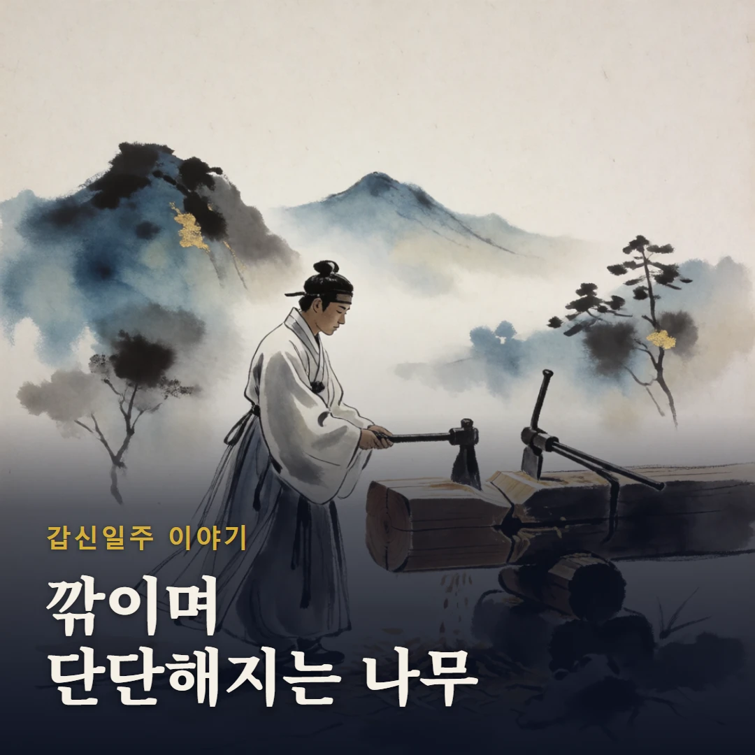 갑신일주 이야기 표지 — 깎이며 단단해지는 나무