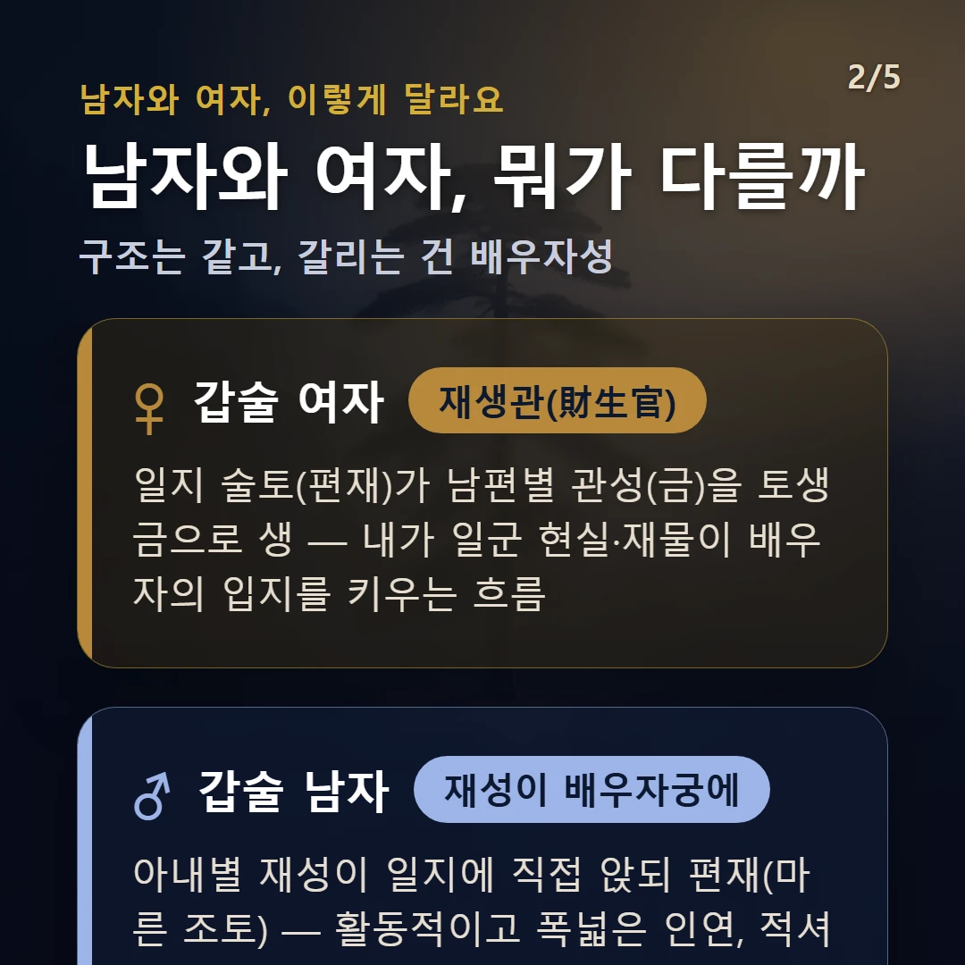 갑술일주 남녀 차이 — 여자 재생관(財生官): 일지 술토(편재)가 남편별 관성(금)을 토생금으로 생 — 내가 일군 현실·재물이 배우자의 입지를 키우는 흐름 / 남자 재성이 배우자궁에: 아내별 재성이 일지에 직접 앉되 편재(마른 조토) — 활동적이고 폭넓은 인연, 적셔 줄 수(水)가 받쳐 줄 때 안정된다