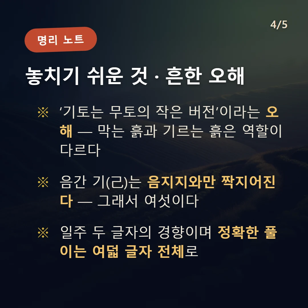 기 일간 일주 주의·오해 — ‘기토는 무토의 작은 버전’이라는 오해 — 막는 흙과 기르는 흙은 역할이 다르다 / 음간 기(己)는 음지지와만 짝지어진다 — 그래서 여섯이다 / 일주 두 글자의 경향이며 정확한 풀이는 여덟 글자 전체로