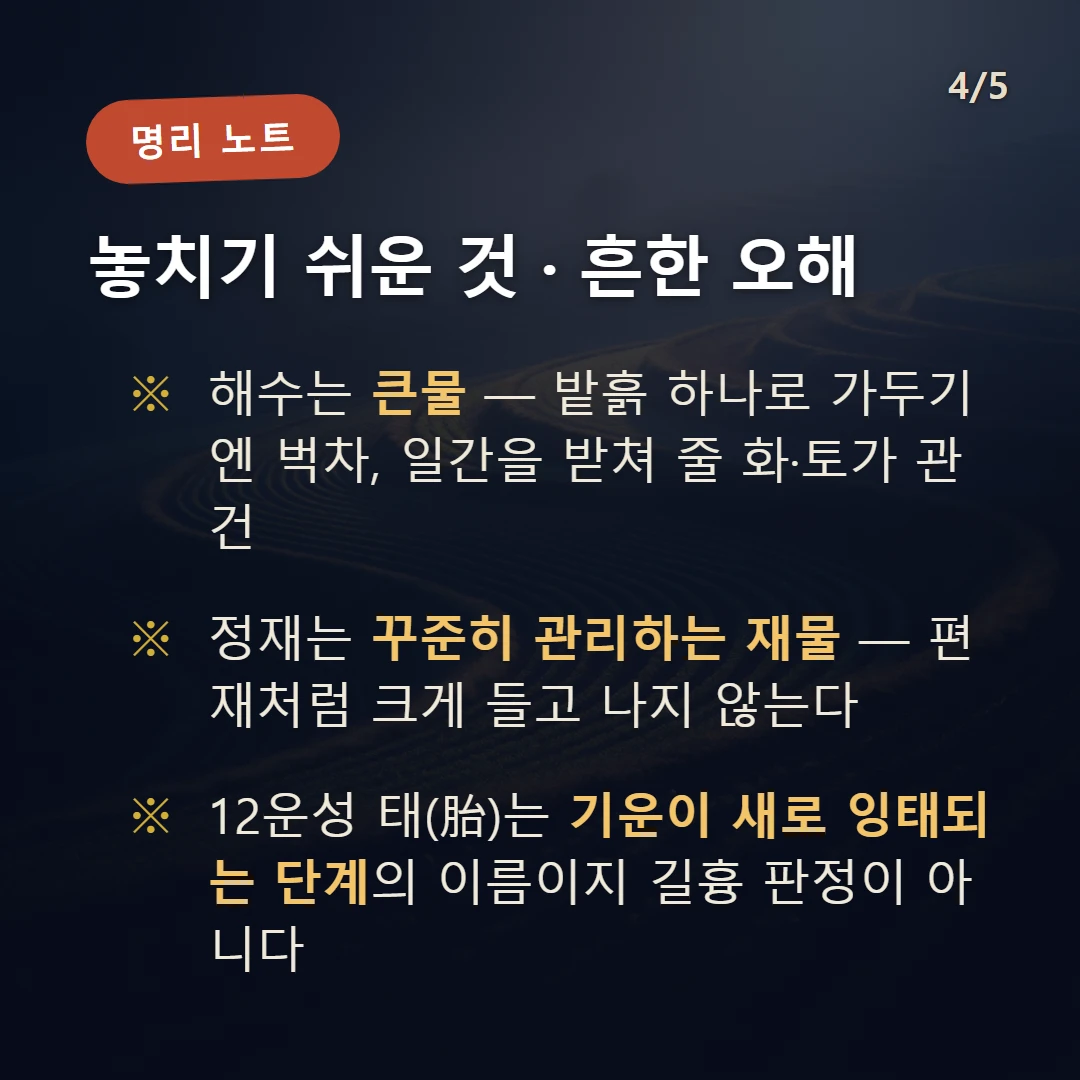 기해일주 주의·오해 — 해수는 큰물 — 밭흙 하나로 가두기엔 벅차, 일간을 받쳐 줄 화·토가 관건 / 정재는 꾸준히 관리하는 재물 — 편재처럼 크게 들고 나지 않는다 / 12운성 태(胎)는 기운이 새로 잉태되는 단계의 이름이지 길흉 판정이 아니다
