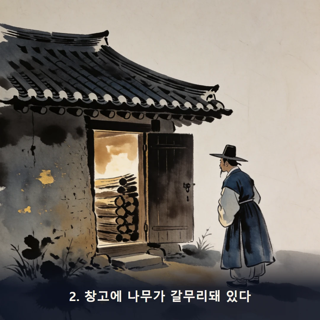 웹툰 2컷 — 2. 창고에 나무가 갈무리돼 있다