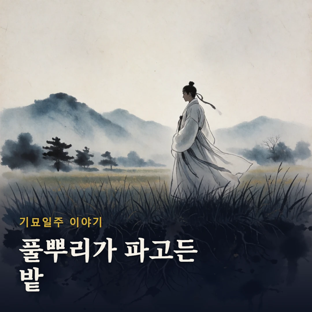 기묘일주 이야기 표지 — 풀뿌리가 파고든 밭