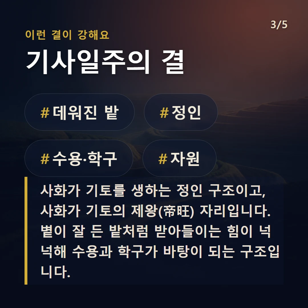 기사일주의 결 — #데워진 밭 #정인 #수용·학구 #자원