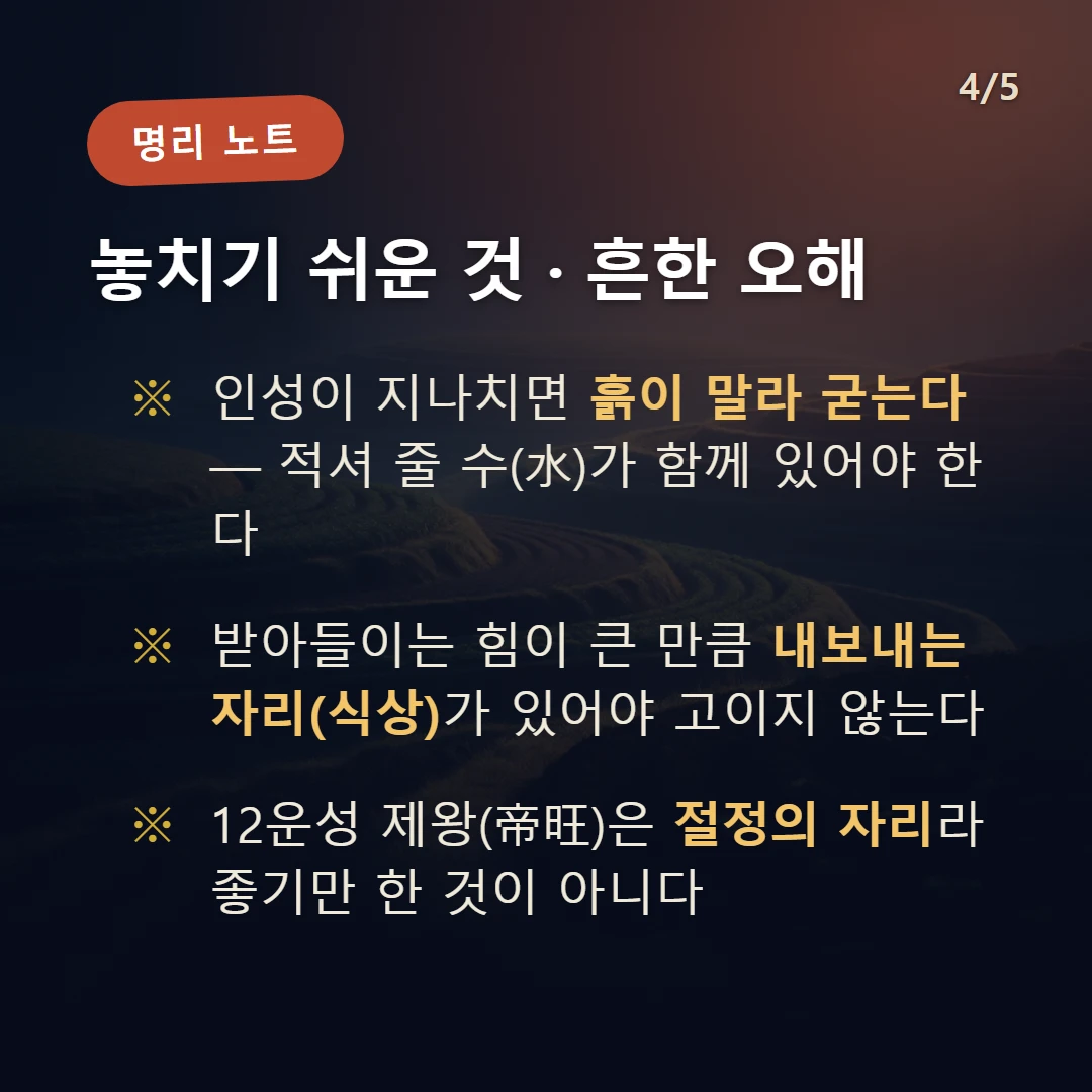 기사일주 주의·오해 — 인성이 지나치면 흙이 말라 굳는다 — 적셔 줄 수(水)가 함께 있어야 한다 / 받아들이는 힘이 큰 만큼 내보내는 자리(식상)가 있어야 고이지 않는다 / 12운성 제왕(帝旺)은 절정의 자리라 좋기만 한 것이 아니다