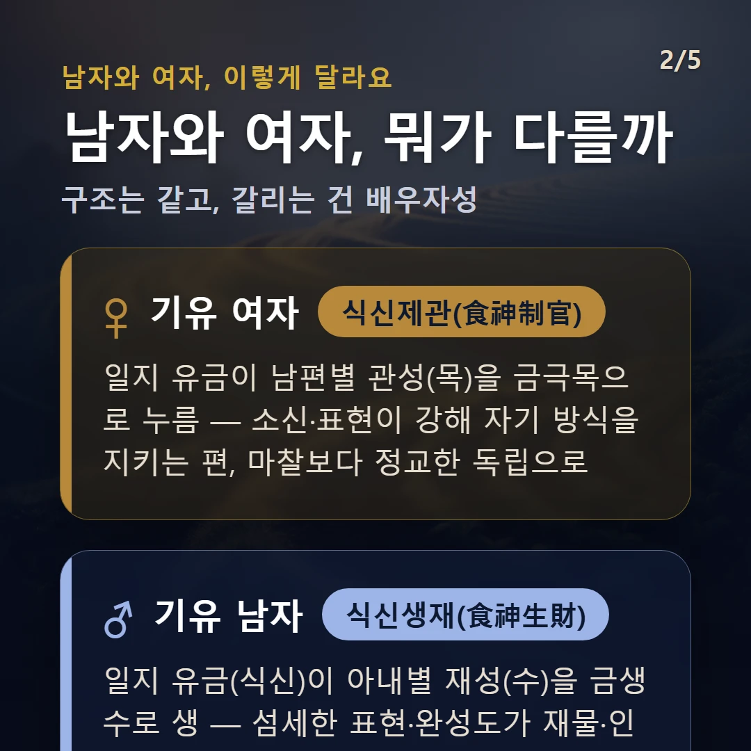 기유일주 남녀 차이 — 여자 식신제관(食神制官): 일지 유금이 남편별 관성(목)을 금극목으로 누름 — 소신·표현이 강해 자기 방식을 지키는 편, 마찰보다 정교한 독립으로 / 남자 식신생재(食神生財): 일지 유금(식신)이 아내별 재성(수)을 금생수로 생 — 섬세한 표현·완성도가 재물·인연으로 이어지는 결