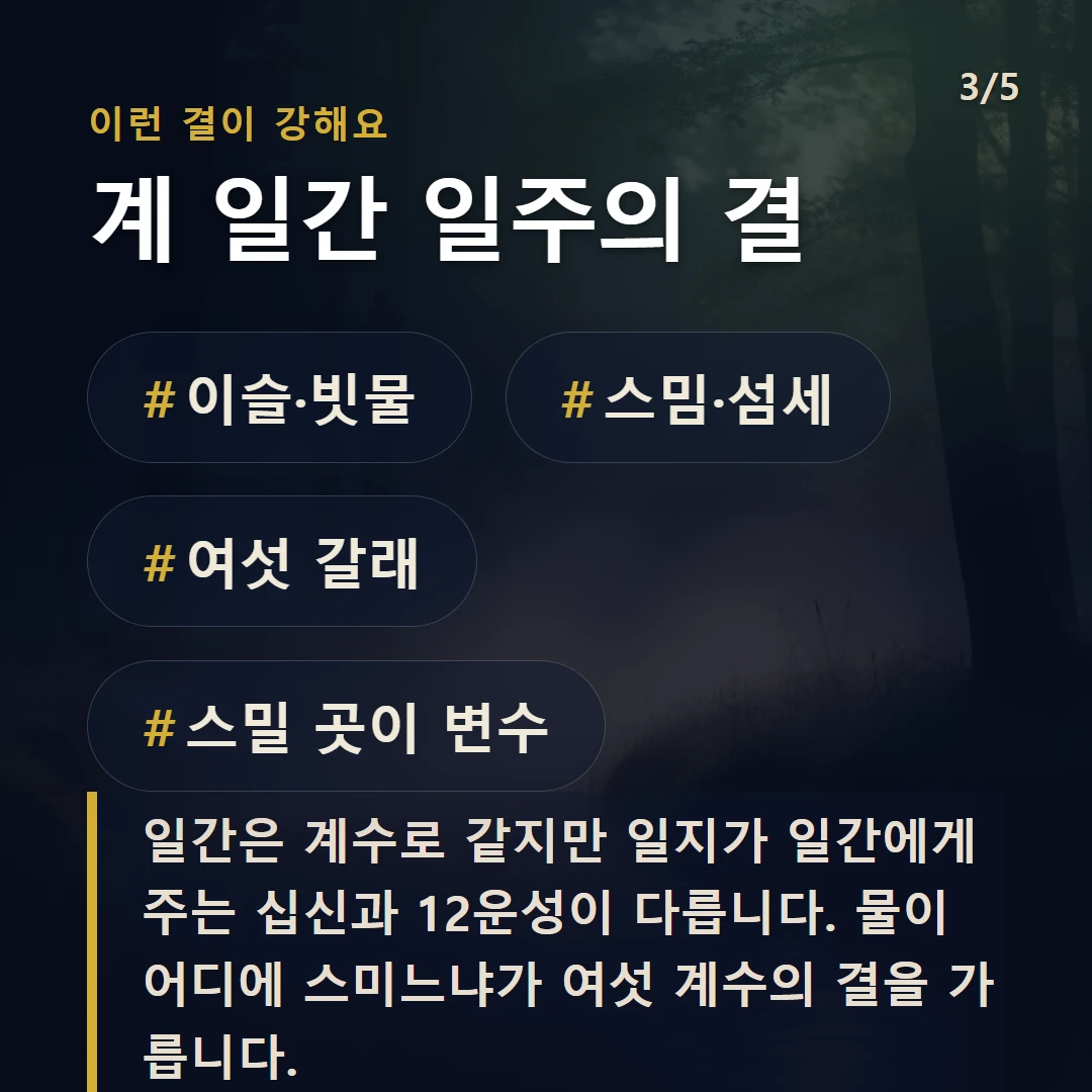 계 일간 일주의 결 — #이슬·빗물 #스밈·섬세 #여섯 갈래 #스밀 곳이 변수