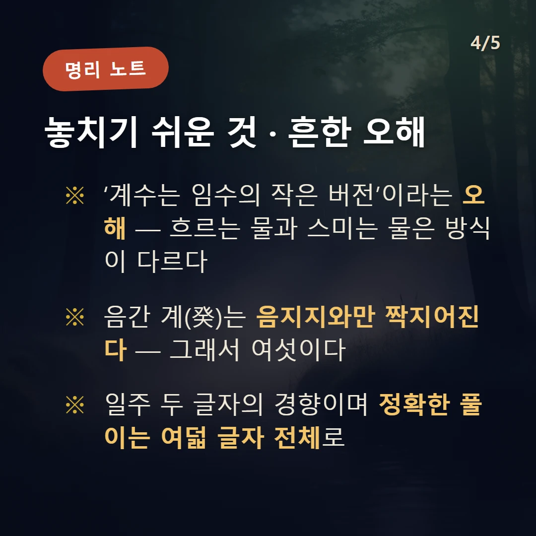 계 일간 일주 주의·오해 — ‘계수는 임수의 작은 버전’이라는 오해 — 흐르는 물과 스미는 물은 방식이 다르다 / 음간 계(癸)는 음지지와만 짝지어진다 — 그래서 여섯이다 / 일주 두 글자의 경향이며 정확한 풀이는 여덟 글자 전체로