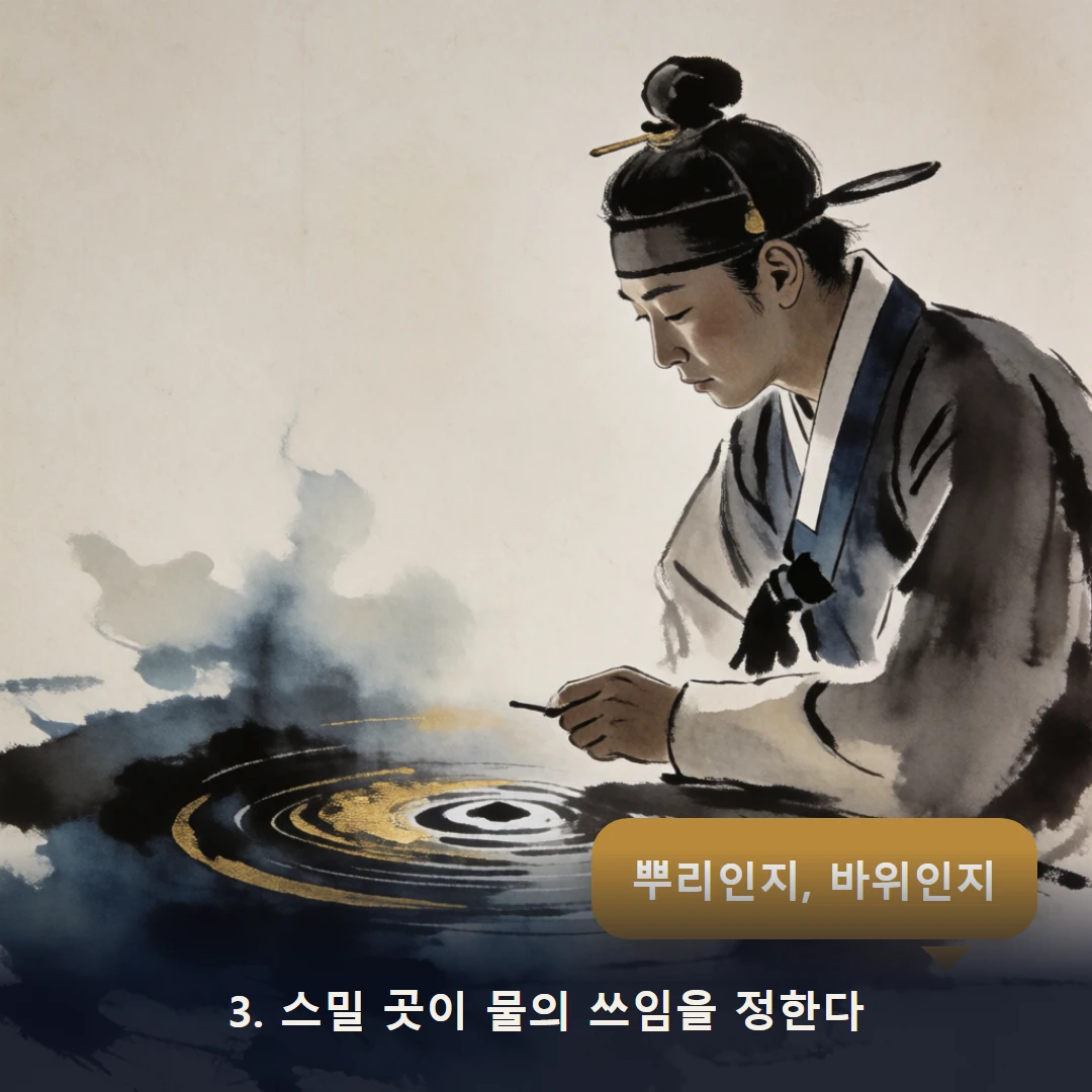 웹툰 3컷 — 3. 스밀 곳이 물의 쓰임을 정한다 (뿌리인지, 바위인지)