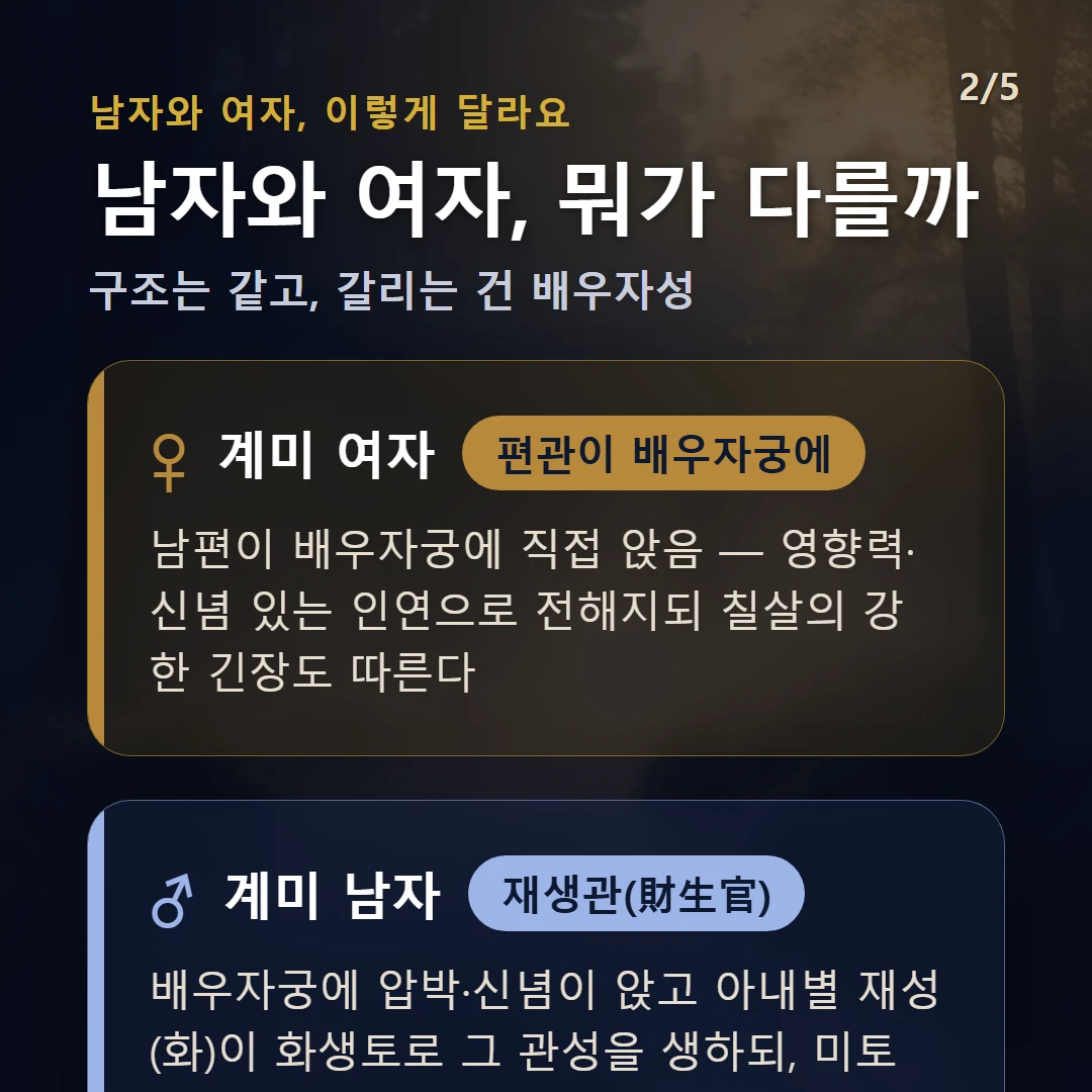 계미일주 남녀 차이 — 여자 편관이 배우자궁에: 남편이 배우자궁에 직접 앉음 — 영향력·신념 있는 인연으로 전해지되 칠살의 강한 긴장도 따른다 / 남자 재생관(財生官): 배우자궁에 압박·신념이 앉고 아내별 재성(화)이 화생토로 그 관성을 생하되, 미토 지장간에 정화가 숨어 배우자 인연이 칠살 아래 잠재