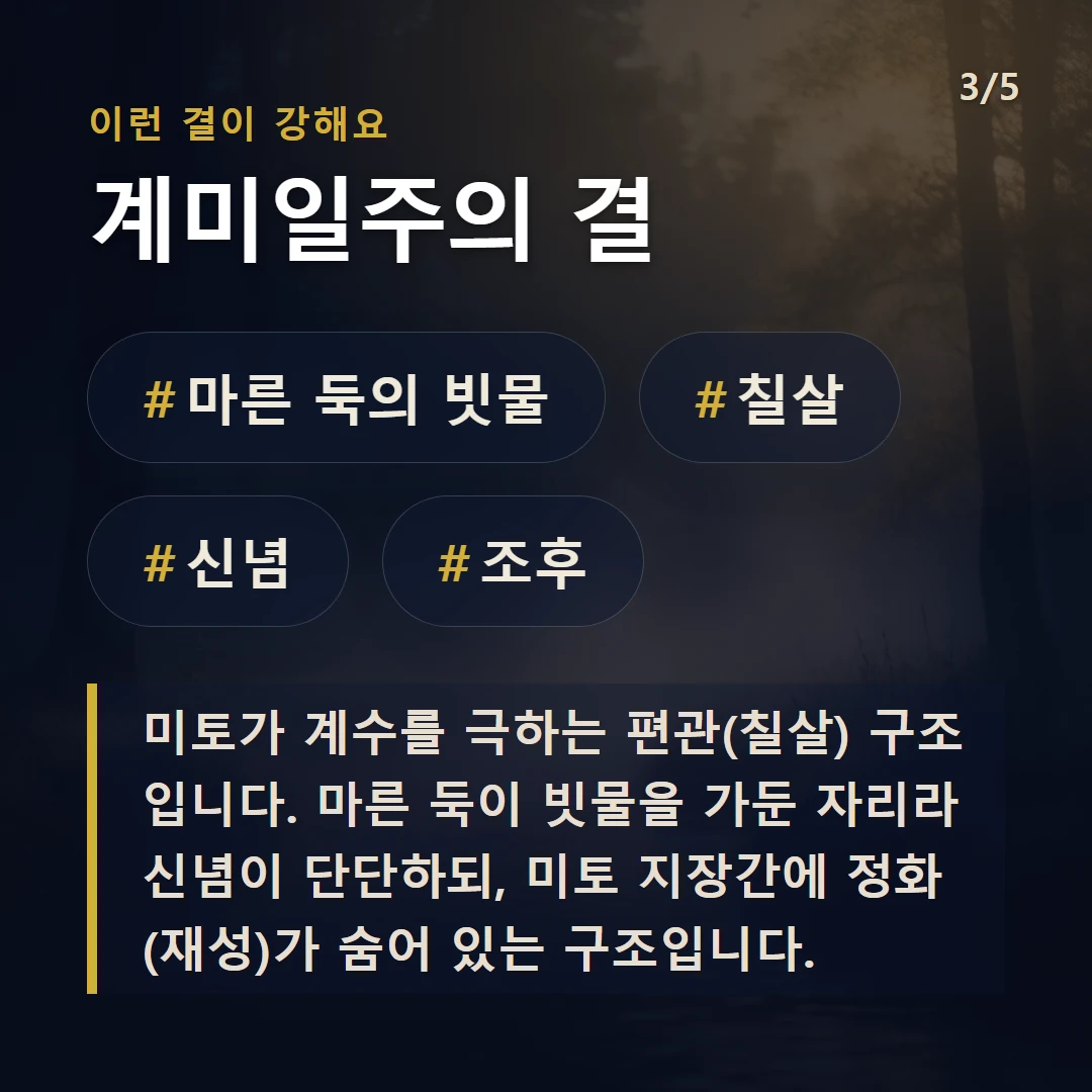 계미일주의 결 — #마른 둑의 빗물 #칠살 #신념 #조후