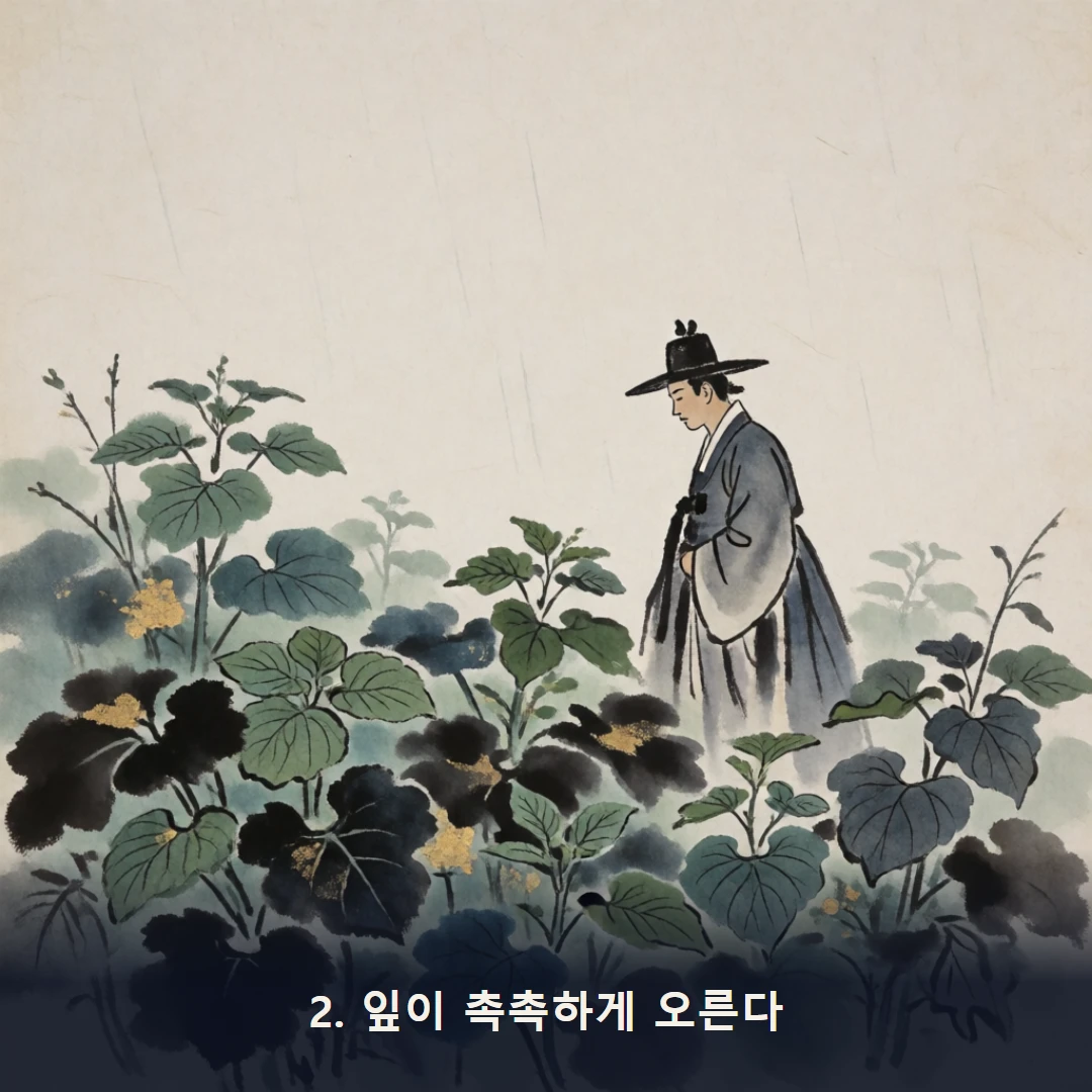 웹툰 2컷 — 2. 잎이 촉촉하게 오른다