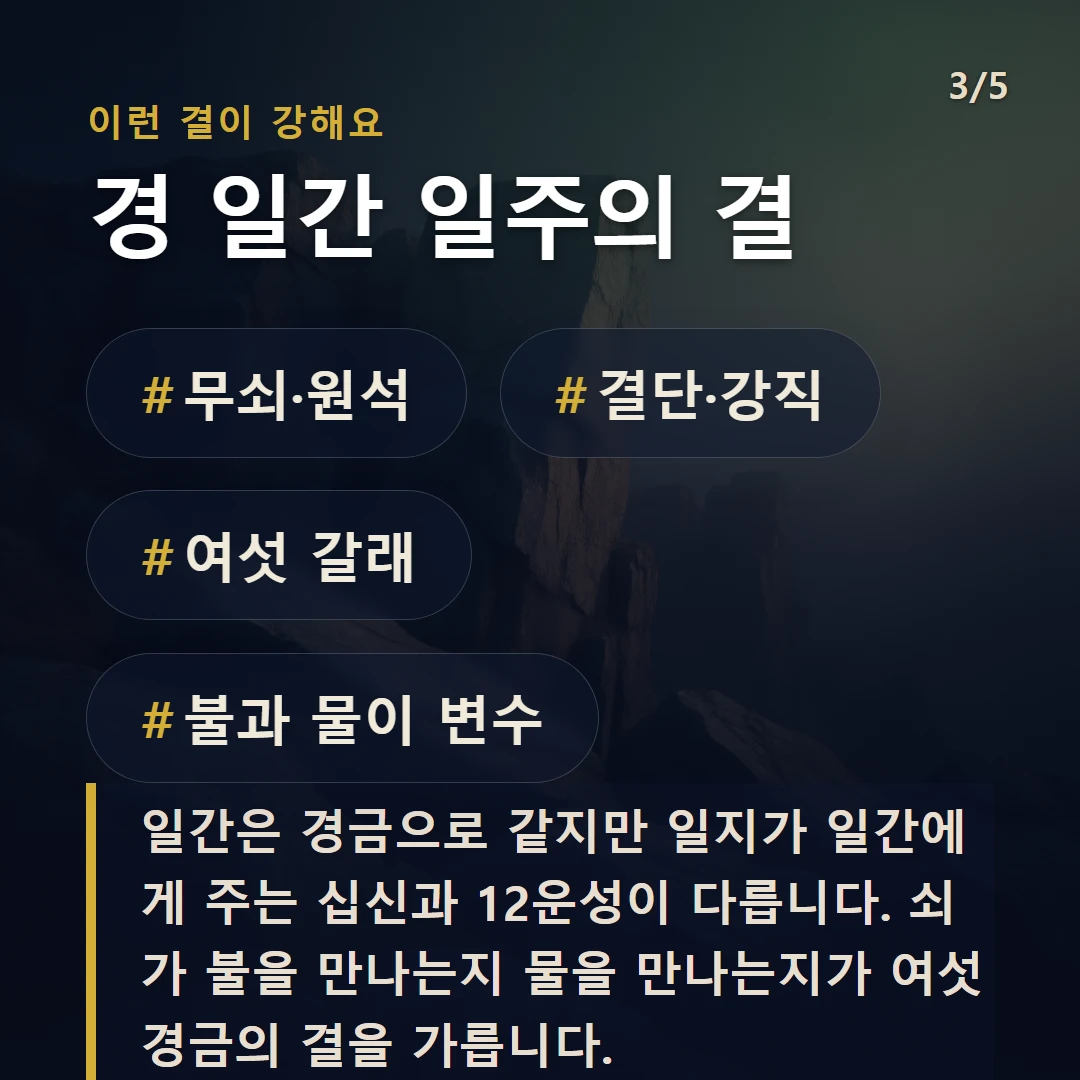 경 일간 일주의 결 — #무쇠·원석 #결단·강직 #여섯 갈래 #불과 물이 변수