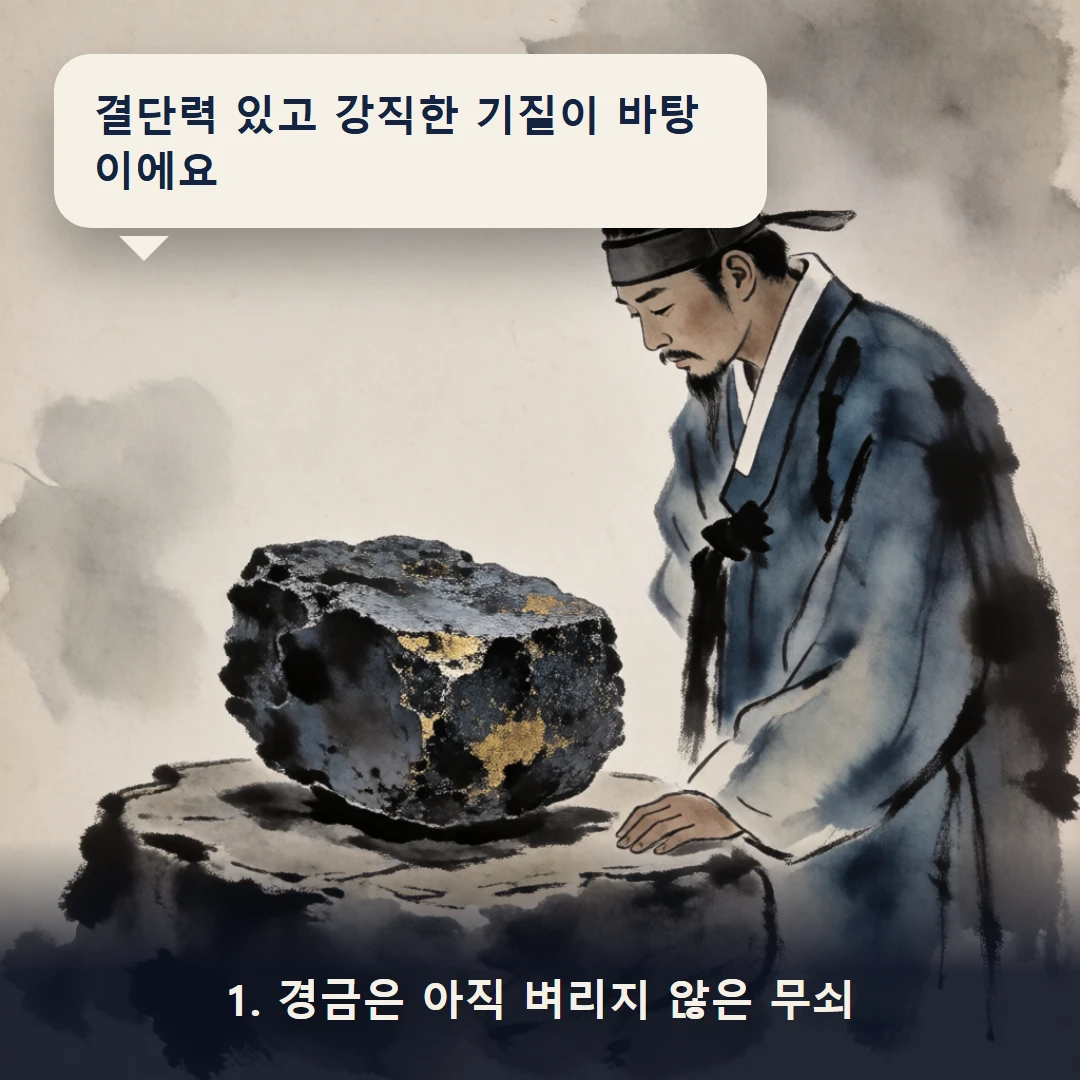 웹툰 1컷 — 1. 경금은 아직 벼리지 않은 무쇠 (결단력 있고 강직한 기질이 바탕이에요)