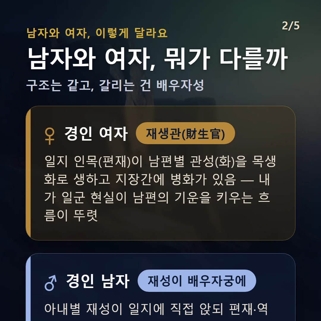 경인일주 남녀 차이 — 여자 재생관(財生官): 일지 인목(편재)이 남편별 관성(화)을 목생화로 생하고 지장간에 병화가 있음 — 내가 일군 현실이 남편의 기운을 키우는 흐름이 뚜렷 / 남자 재성이 배우자궁에: 아내별 재성이 일지에 직접 앉되 편재·역마 — 활동적이고 폭넓은 인연, 넓게 움직이며 기회를 잡는 수완이 강점