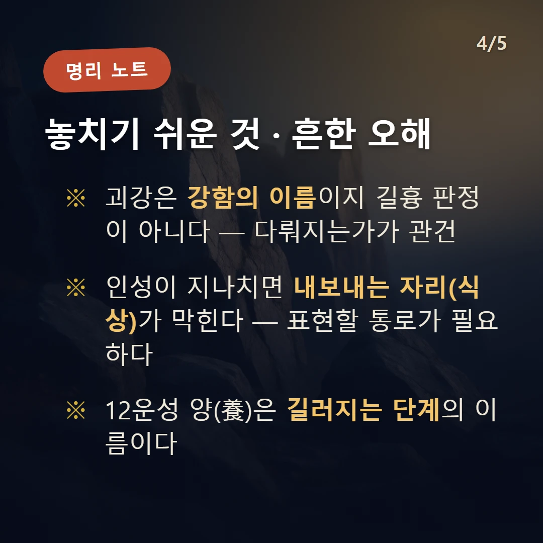 경진일주 주의·오해 — 괴강은 강함의 이름이지 길흉 판정이 아니다 — 다뤄지는가가 관건 / 인성이 지나치면 내보내는 자리(식상)가 막힌다 — 표현할 통로가 필요하다 / 12운성 양(養)은 길러지는 단계의 이름이다