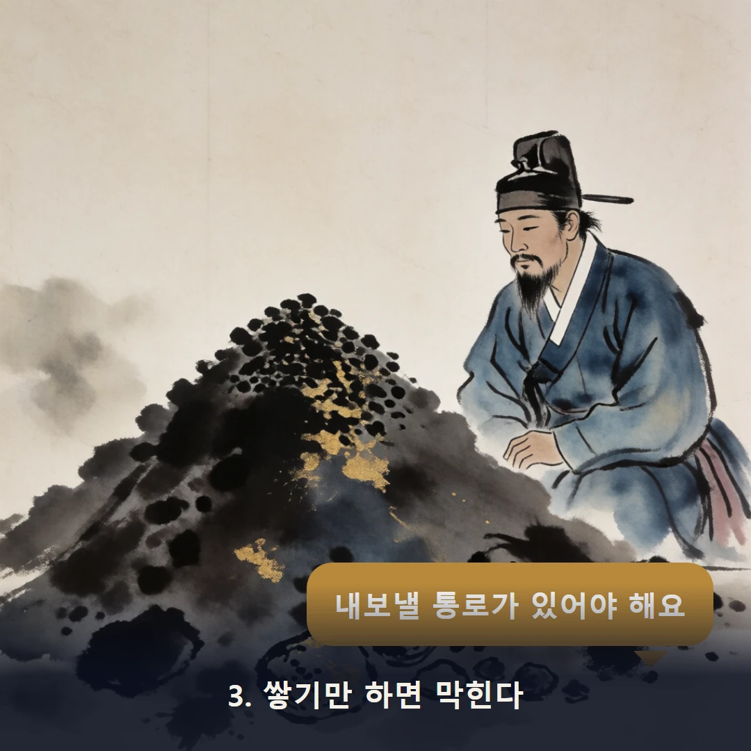 웹툰 3컷 — 3. 쌓기만 하면 막힌다 (내보낼 통로가 있어야 해요)