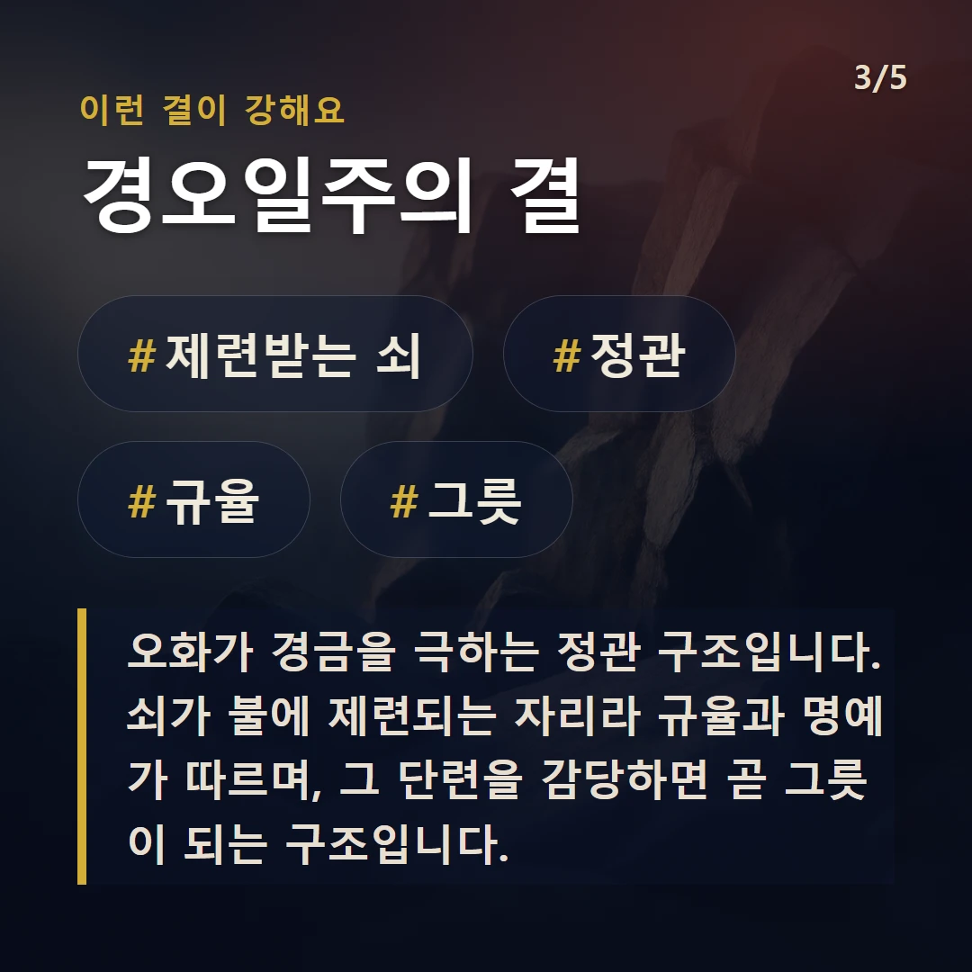 경오일주의 결 — #제련받는 쇠 #정관 #규율 #그릇