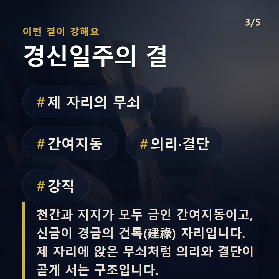 경신일주의 결 — #제 자리의 무쇠 #간여지동 #의리·결단 #강직