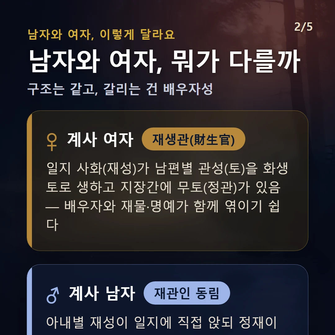계사일주 남녀 차이 — 여자 재생관(財生官): 일지 사화(재성)가 남편별 관성(토)을 화생토로 생하고 지장간에 무토(정관)가 있음 — 배우자와 재물·명예가 함께 엮이기 쉽다 / 남자 재관인 동림: 아내별 재성이 일지에 직접 앉되 정재이고 지장간에 정관·정인까지 듦 — 아내와 더불어 명예·자원이 함께 따라오는 결