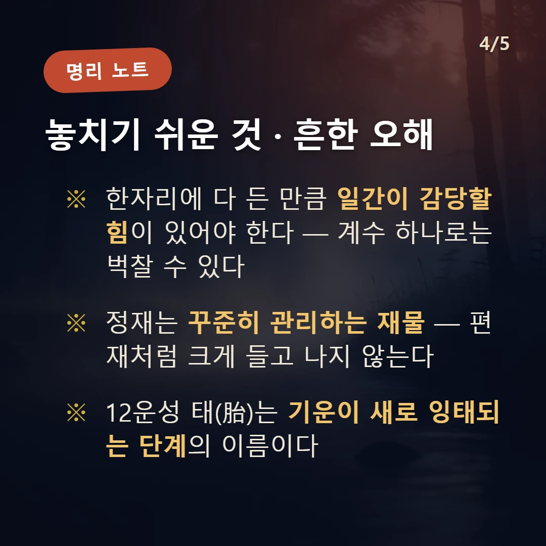 계사일주 주의·오해 — 한자리에 다 든 만큼 일간이 감당할 힘이 있어야 한다 — 계수 하나로는 벅찰 수 있다 / 정재는 꾸준히 관리하는 재물 — 편재처럼 크게 들고 나지 않는다 / 12운성 태(胎)는 기운이 새로 잉태되는 단계의 이름이다