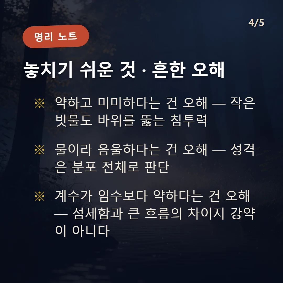 계수 주의·오해 — 약하고 미미하다는 건 오해 — 작은 빗물도 바위를 뚫는 침투력 / 물이라 음울하다는 건 오해 — 성격은 분포 전체로 판단 / 계수가 임수보다 약하다는 건 오해 — 섬세함과 큰 흐름의 차이지 강약이 아니다
