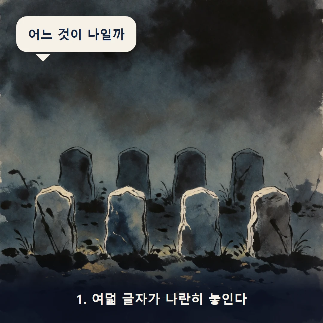 웹툰 1컷 — 1. 여덟 글자가 나란히 놓인다 (어느 것이 나일까)