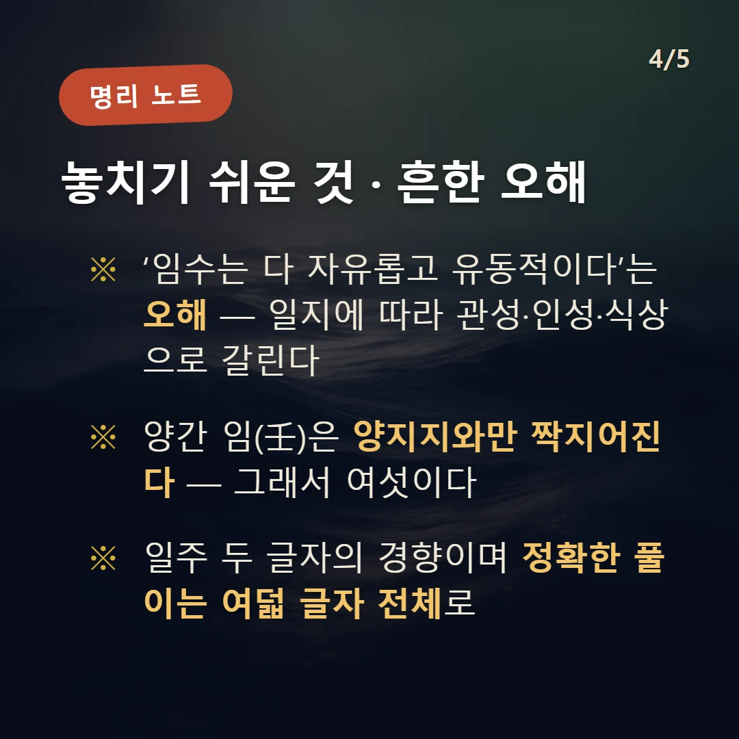 임 일간 일주 주의·오해 — ‘임수는 다 자유롭고 유동적이다’는 오해 — 일지에 따라 관성·인성·식상으로 갈린다 / 양간 임(壬)은 양지지와만 짝지어진다 — 그래서 여섯이다 / 일주 두 글자의 경향이며 정확한 풀이는 여덟 글자 전체로