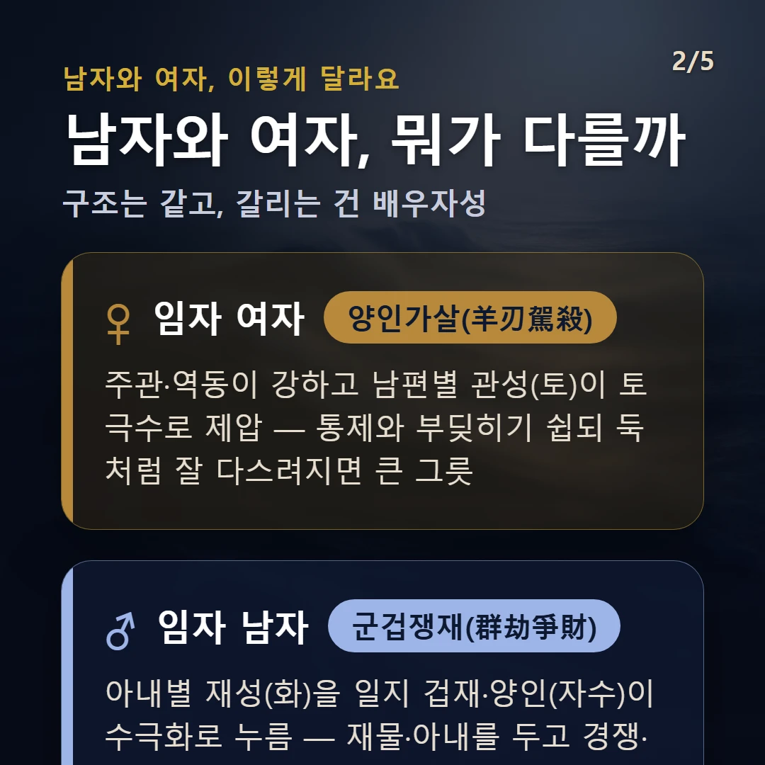 임자일주 남녀 차이 — 여자 양인가살(羊刃駕殺): 주관·역동이 강하고 남편별 관성(토)이 토극수로 제압 — 통제와 부딪히기 쉽되 둑처럼 잘 다스려지면 큰 그릇 / 남자 군겁쟁재(群劫爭財): 아내별 재성(화)을 일지 겁재·양인(자수)이 수극화로 누름 — 재물·아내를 두고 경쟁·소모가 끼어들기 쉬운 결