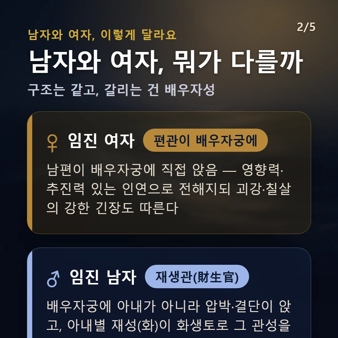 임진일주 남녀 차이 — 여자 편관이 배우자궁에: 남편이 배우자궁에 직접 앉음 — 영향력·추진력 있는 인연으로 전해지되 괴강·칠살의 강한 긴장도 따른다 / 남자 재생관(財生官): 배우자궁에 아내가 아니라 압박·결단이 앉고, 아내별 재성(화)이 화생토로 그 관성을 생 — 아내가 사회적 그릇을 받치는 자리