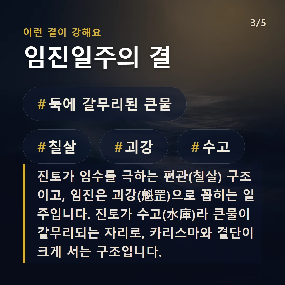 임진일주의 결 — #둑에 갈무리된 큰물 #칠살 #괴강 #수고